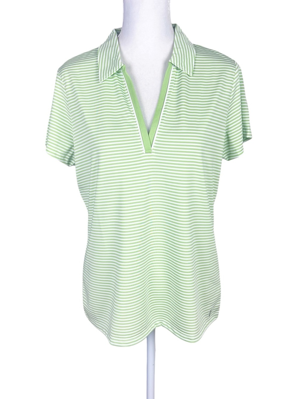 IZOD Golf Women's Lime Green White Striped Short Sleeve Polo Shirt V-Neck Large